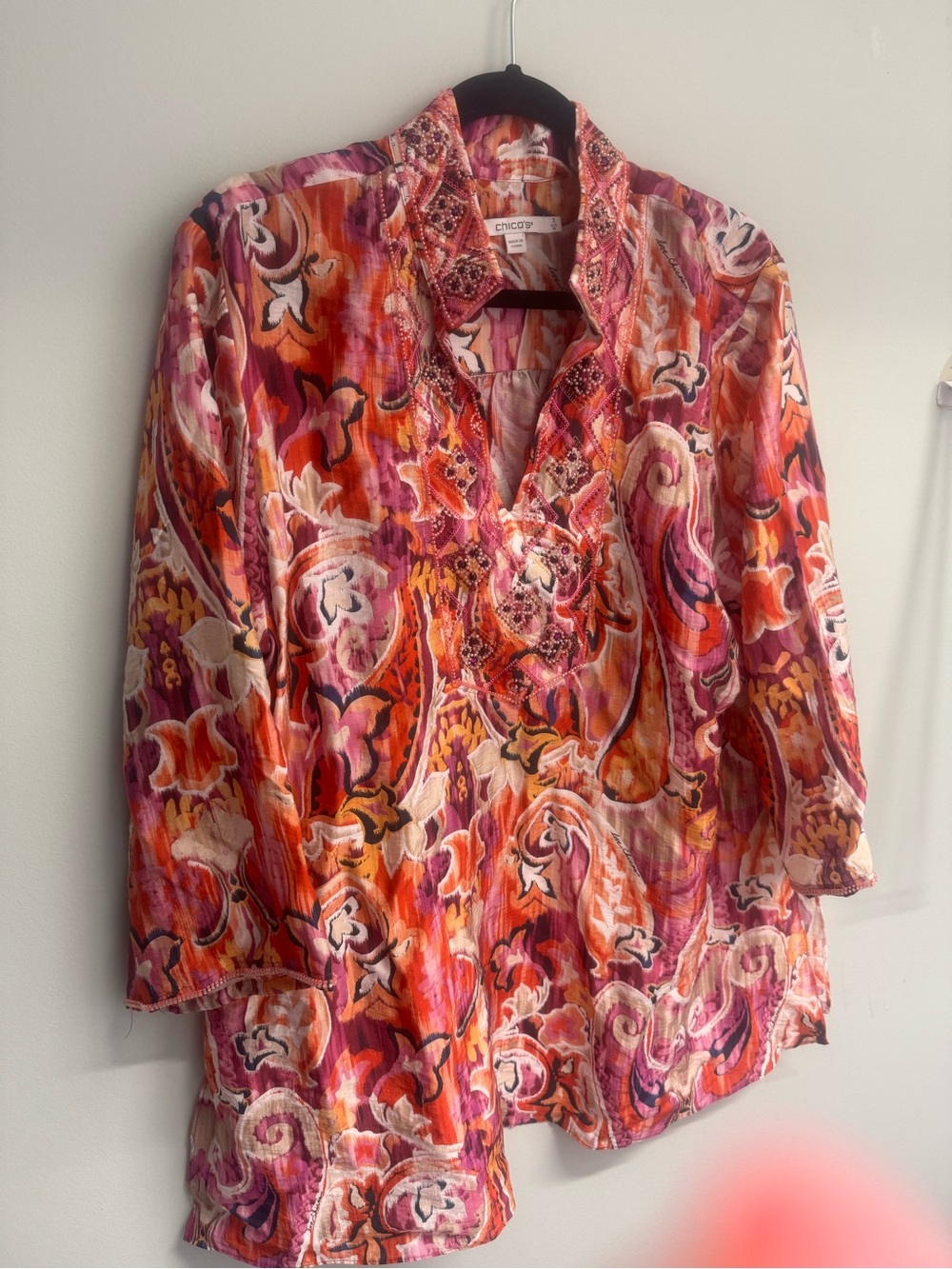 Chico's Pink Orange Paisley Embroidered Neck Tunic